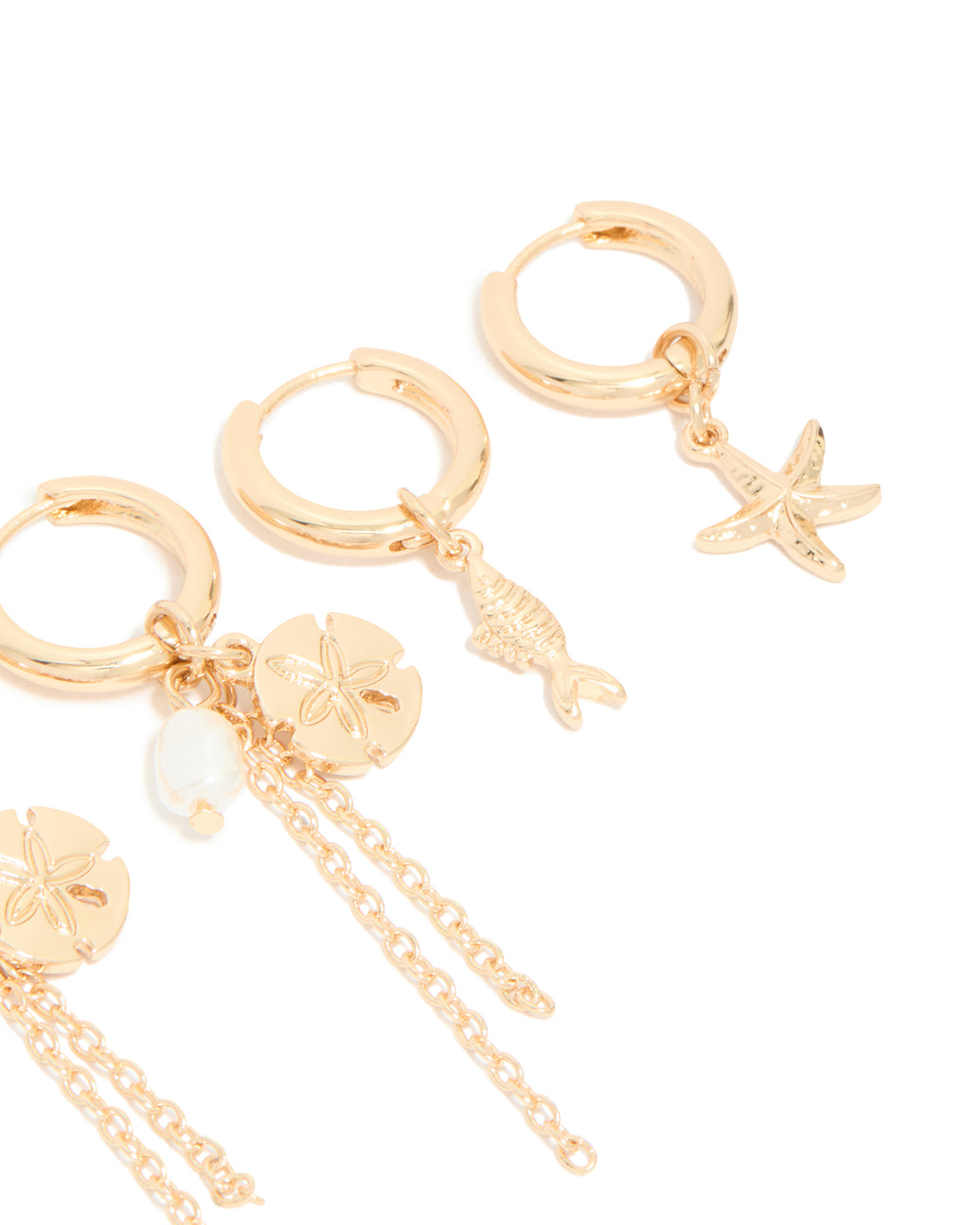 Gold Mixed Chain & Beaded Sea Motif Huggie Earrings 3-Pack