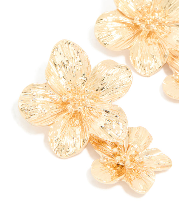 Gold Double Frangipani Flower Drop Earrings
