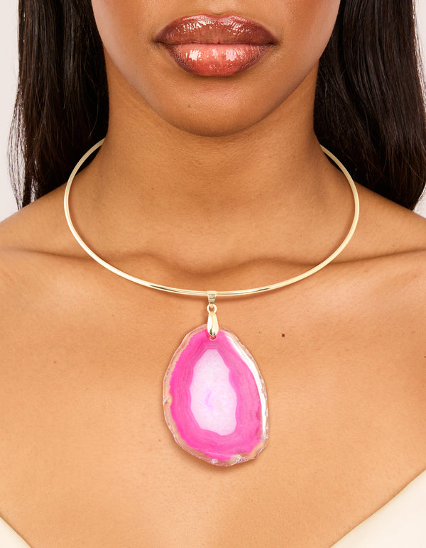 Gold Marbled Pink Stone Pendant Torque Necklace