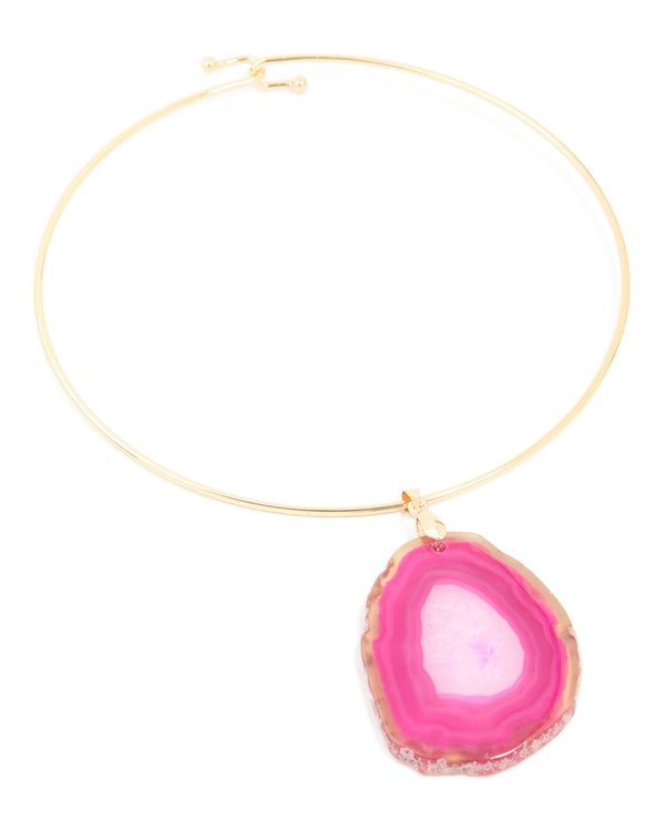 Gold Marbled Pink Stone Pendant Torque Necklace