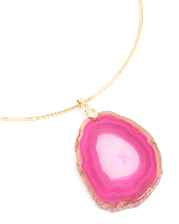 Gold Marbled Pink Stone Pendant Torque Necklace