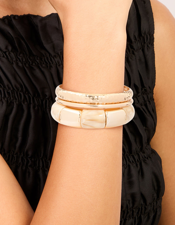 Gold Cream Acrylic Stretch Bracelet & Gold Bangles 3-Pack