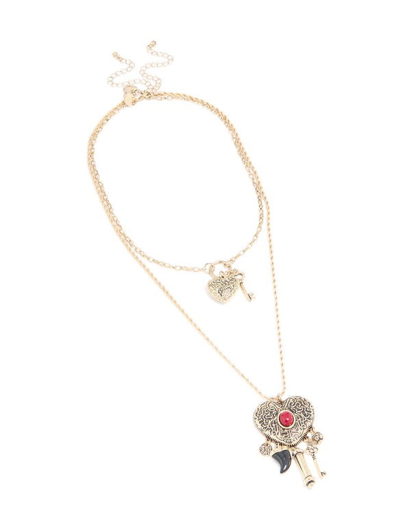 Antique Gold Double Heart Layered Necklace