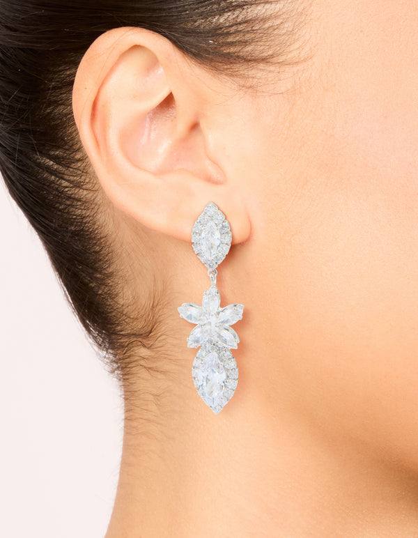 Silver Cubic Zirconia Flower Statement Drop Earrings