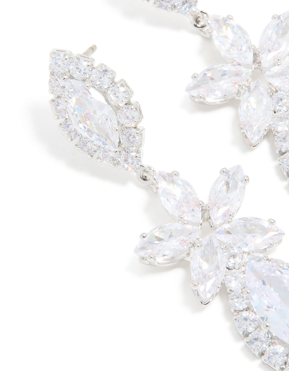 Silver Cubic Zirconia Flower Statement Drop Earrings