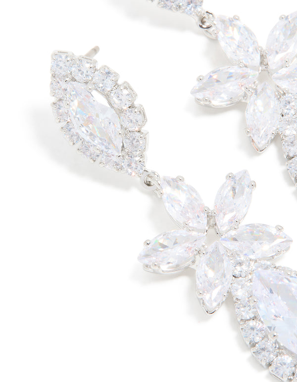 Silver Cubic Zirconia Flower Statement Drop Earrings