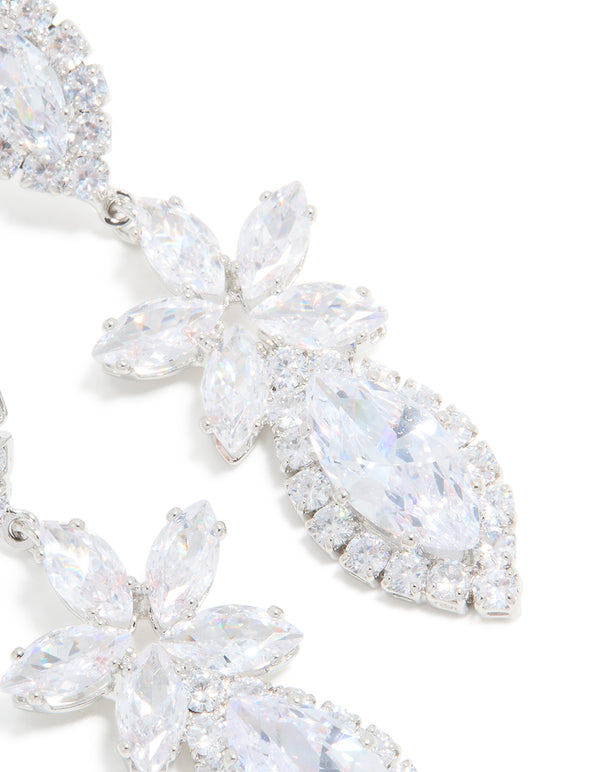 Silver Cubic Zirconia Flower Statement Drop Earrings