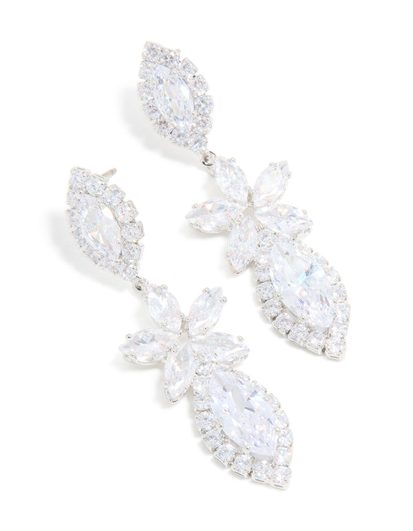 Silver Cubic Zirconia Flower Statement Drop Earrings