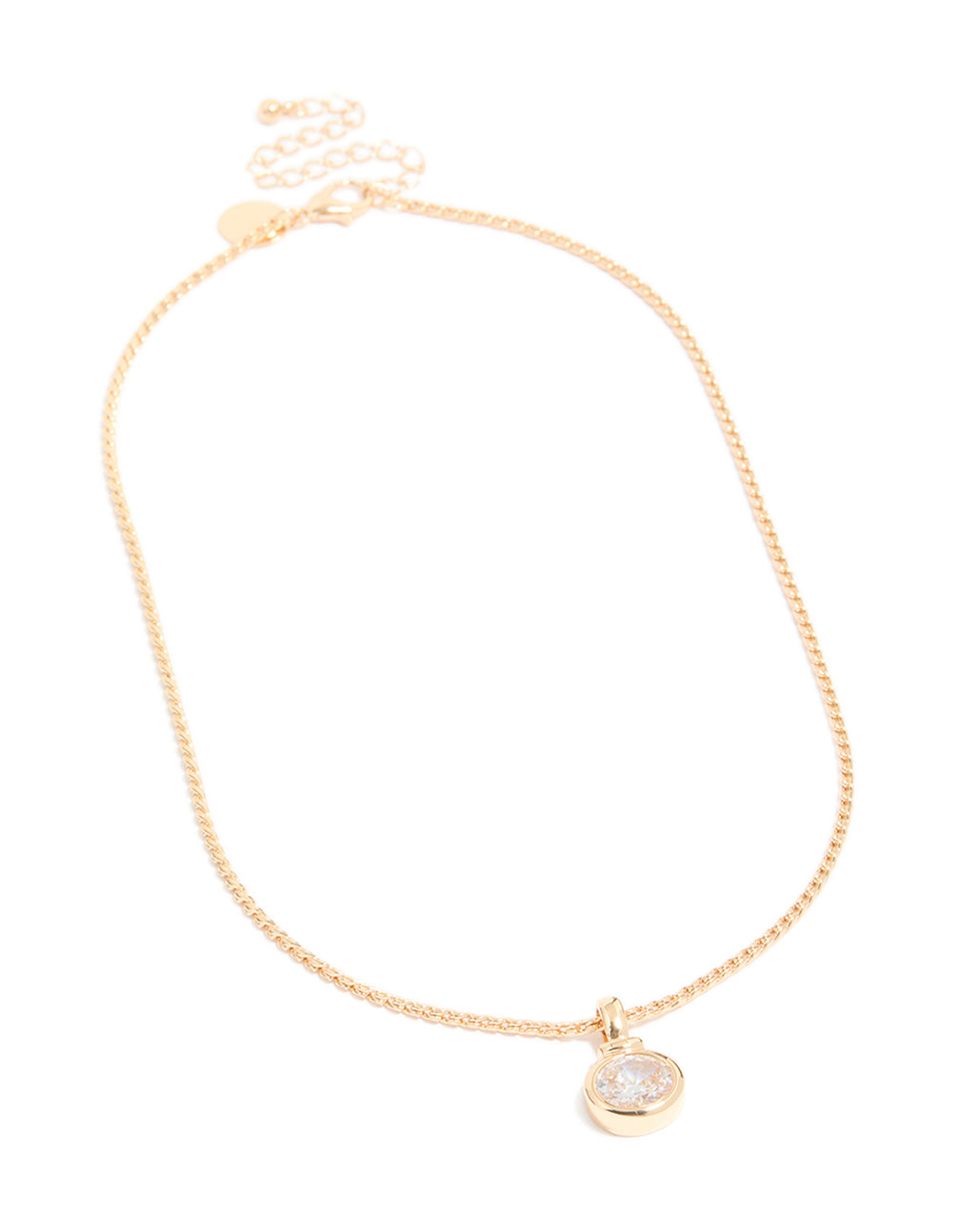 Showcasing a gold cubic zirconia pendant necklace featuring crystal in dainty style front view