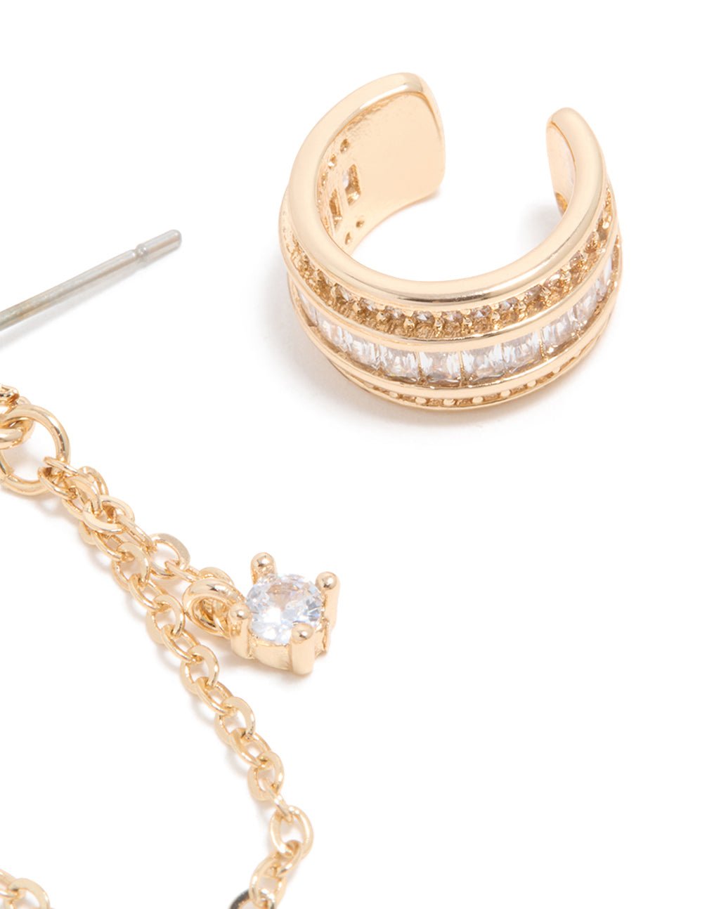 Gold Cubic Zirconia Double Chain Earrings & Ear Cuff 3-Pack