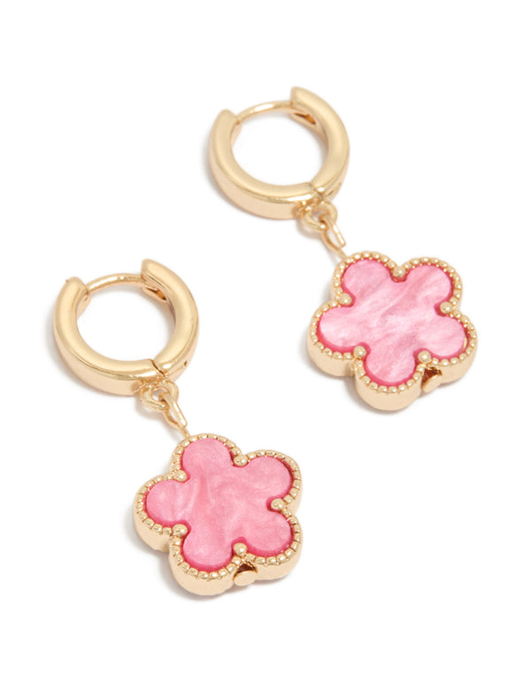 Beautifully crafted featuring floral drop earrings in pink with huggie closure front view