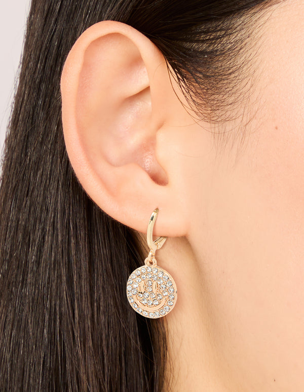 Gold Diamante Smiley Face Huggie Earrings