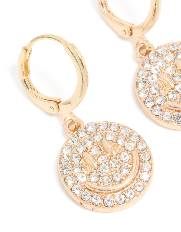 Gold Diamante Smiley Face Huggie Earrings