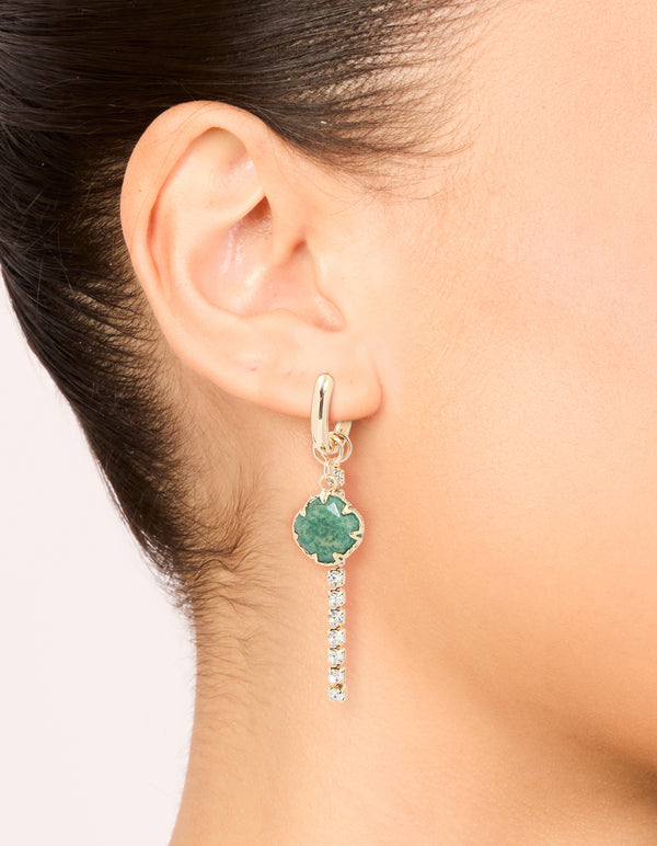 Gold Green Stone & Diamante Drop Chain Huggie Earrings