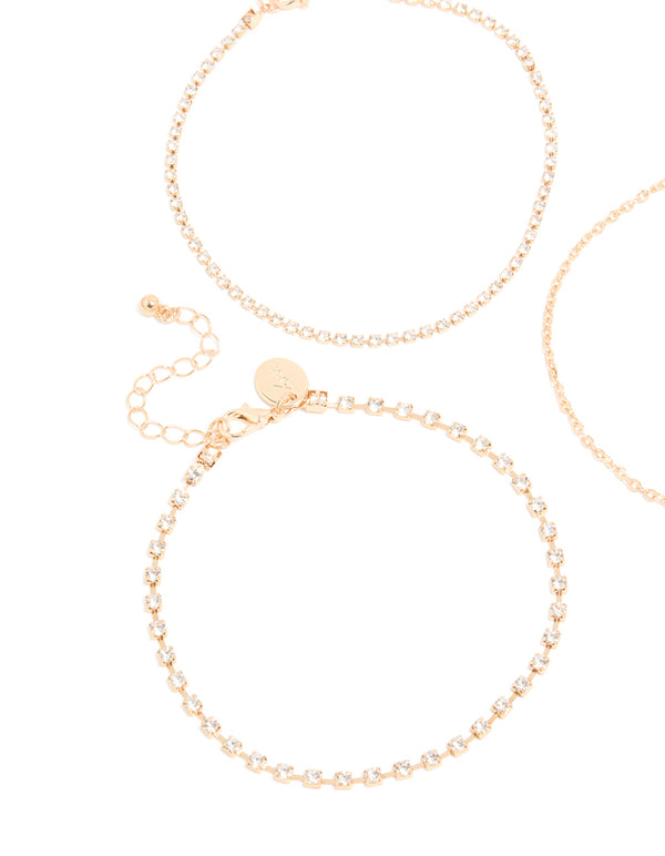 Gold Cubic Zirconia Tennis, Chain & Heart Anklets 3-Pack