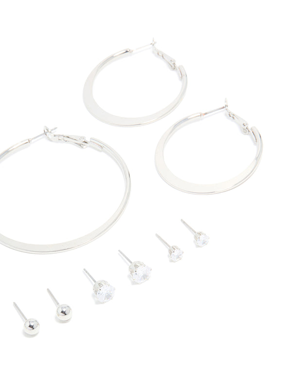 Silver Minimal Hoop & Stud Earrings 6-Pack