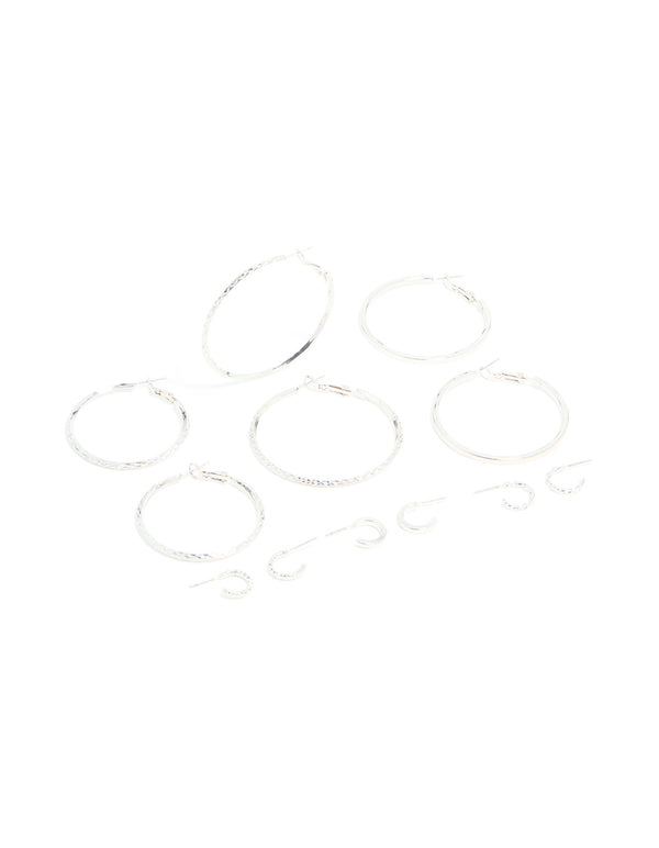 Silver Textured Hoop Earrings 6-Pack