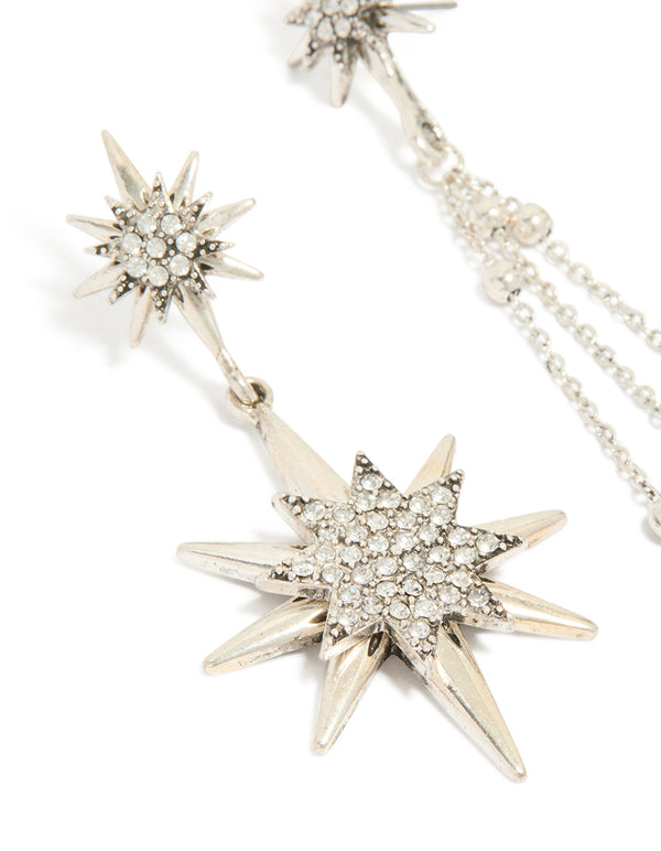 Antique Silver Diamante Asymetrical Star & Moon Drop Earrings