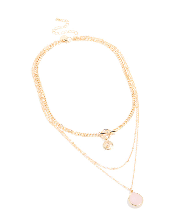 Gold Rose Quartz Semi-Precious Stone & Evil Eye Layered Necklace