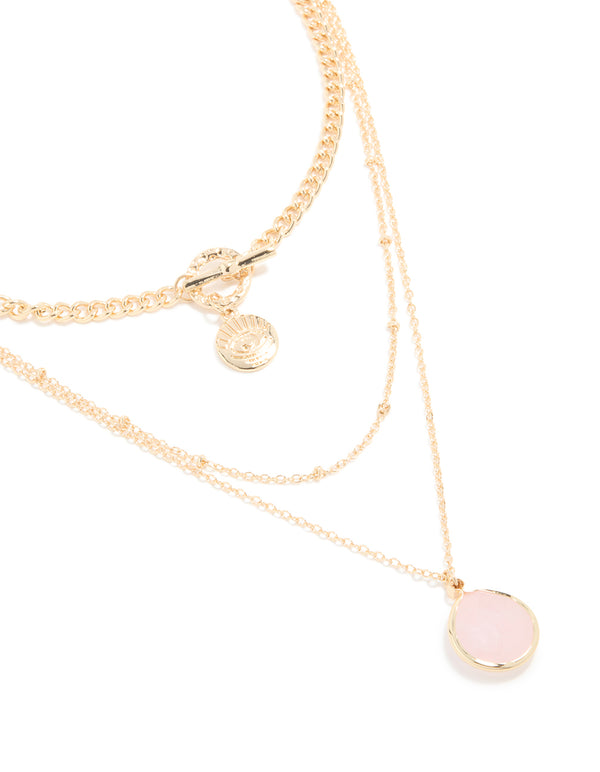 Gold Rose Quartz Semi-Precious Stone & Evil Eye Layered Necklace