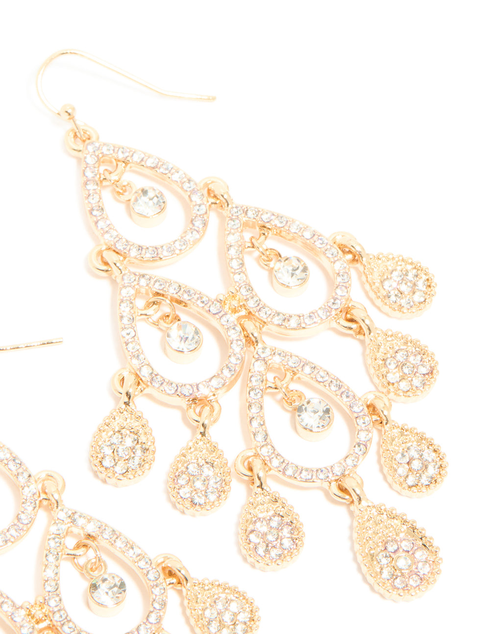 Detailed gold diamante diamond shaped dangly earrings with charm post detail view