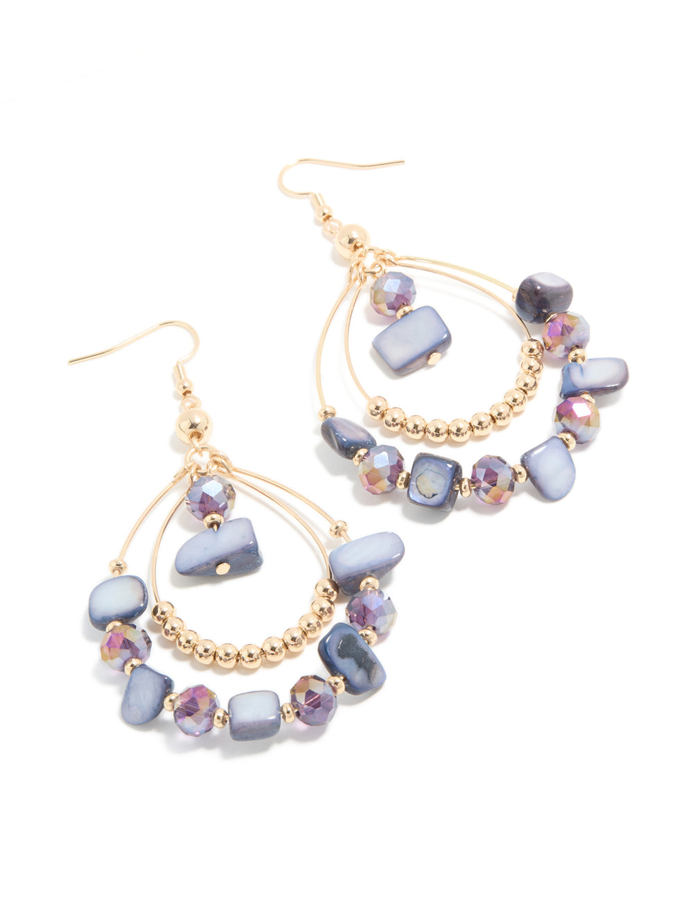 Gold Genuine Purple Shell & Beaded Double Teardrop Earrings