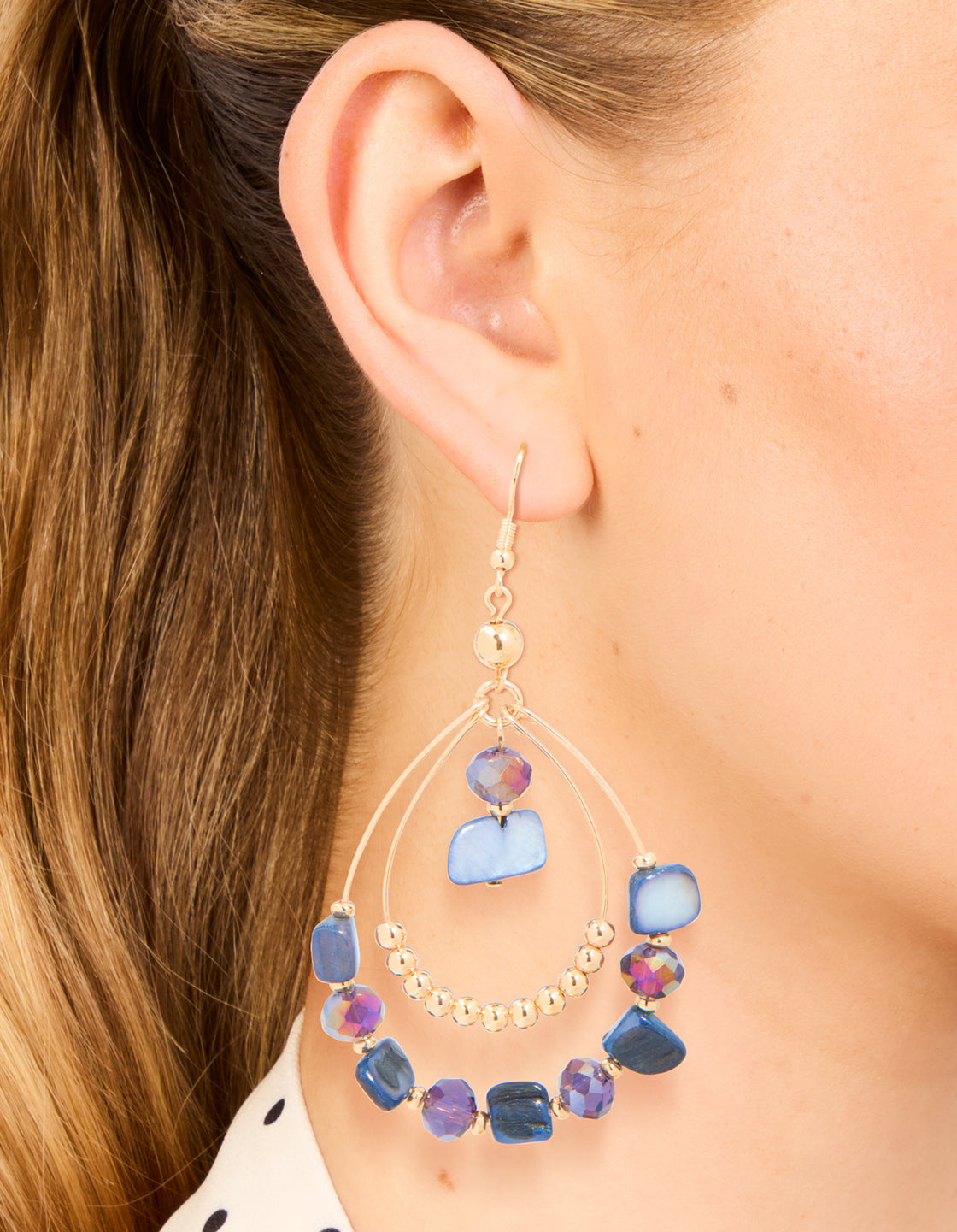 Gold Genuine Purple Shell & Beaded Double Teardrop Earrings