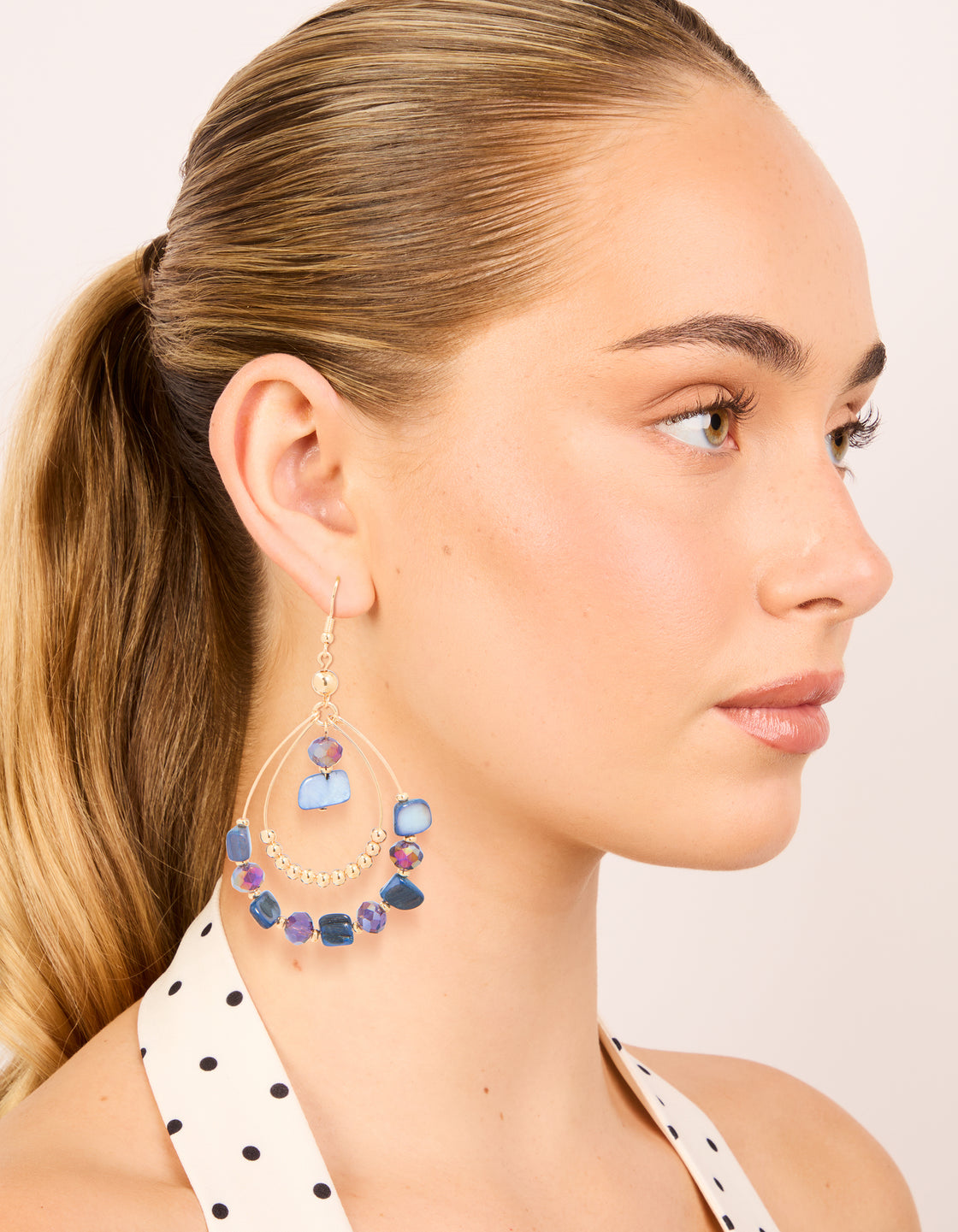 Gold Genuine Purple Shell & Beaded Double Teardrop Earrings