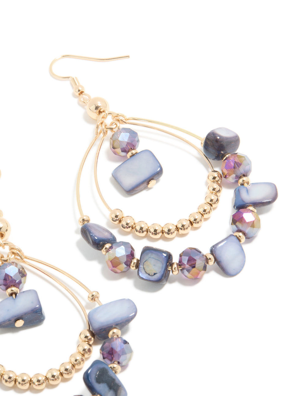 Gold Genuine Purple Shell & Beaded Double Teardrop Earrings