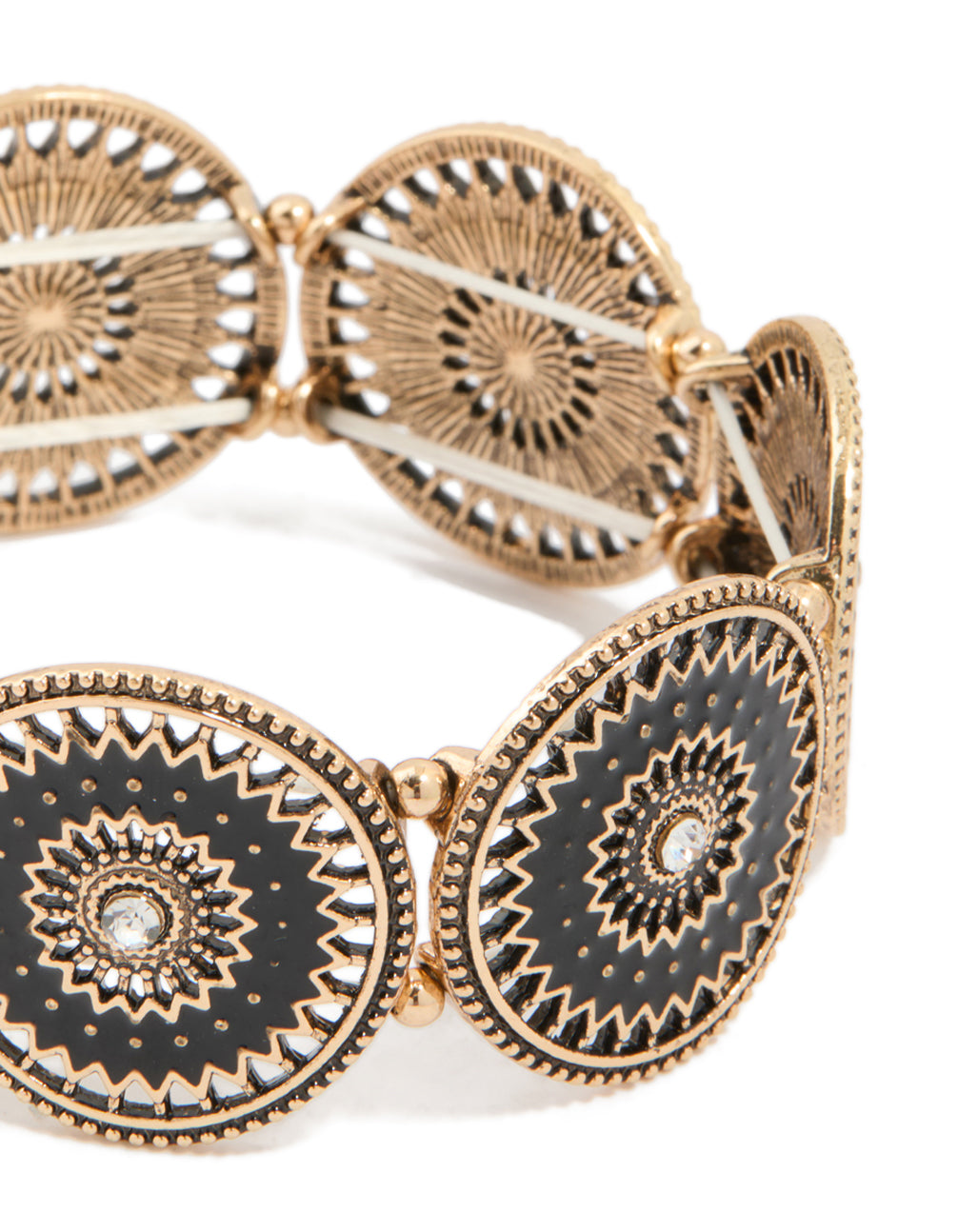 Antique Gold Diamante Centre Boho Disc Stretch Bracelet