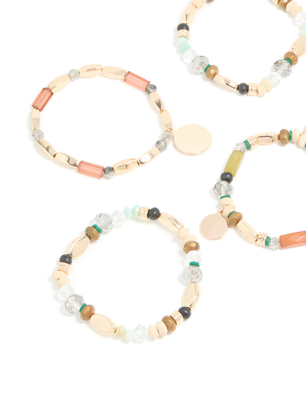 Gold Multicoloured Beaded Stretch Bracelets 5-Pack
