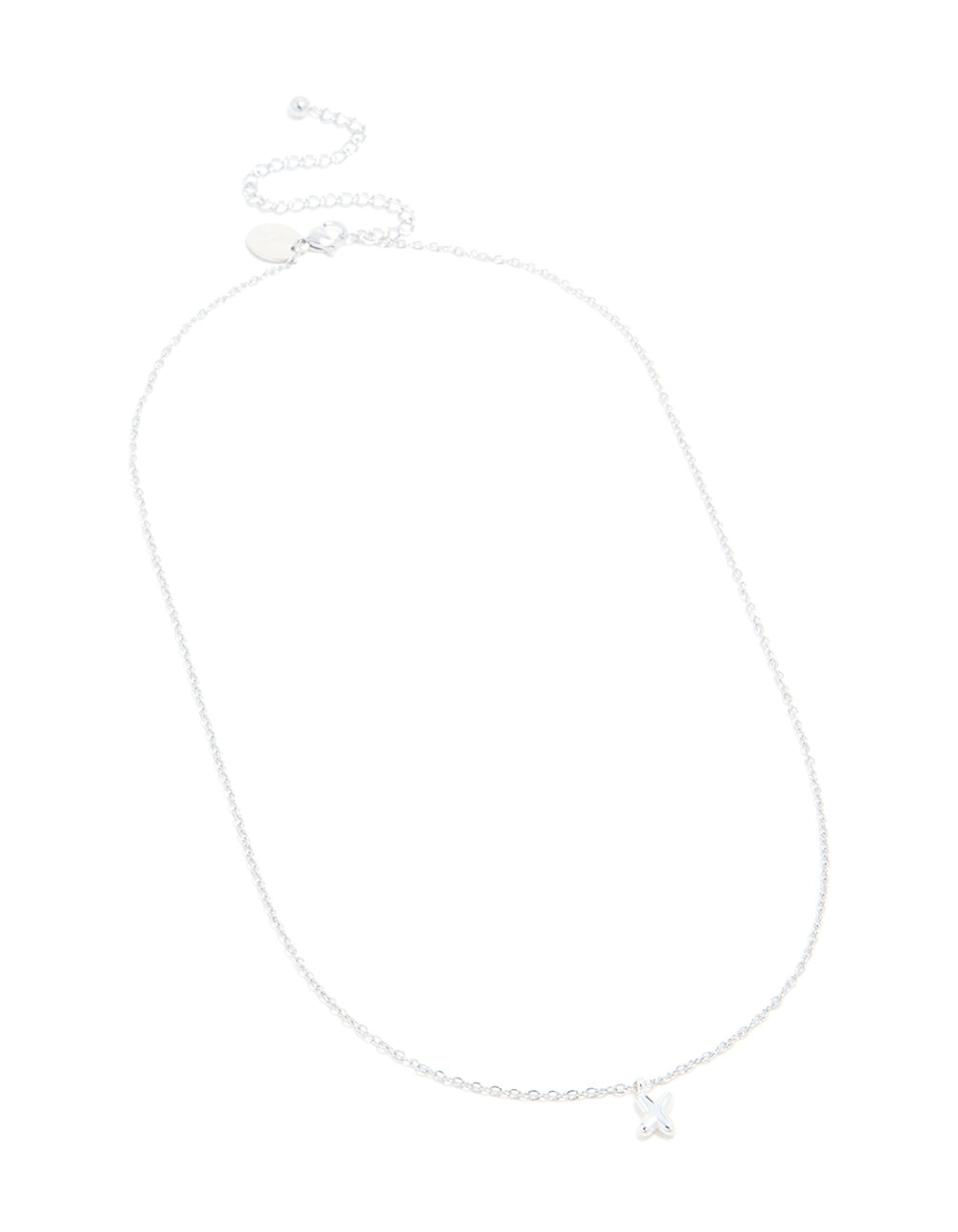 Crafted from waterproof stainless steel mini bubble letter X necklace with initial pendant in silver front view