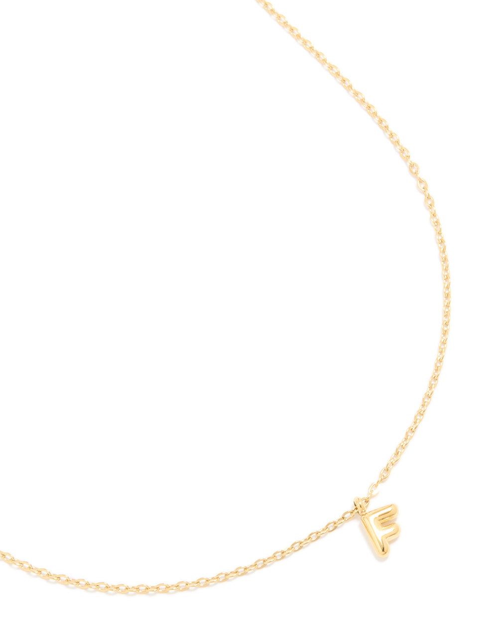 Showcasing a waterproof bubble letter F initial pendant necklace crafted from stainless steel with gold plated finish close up view