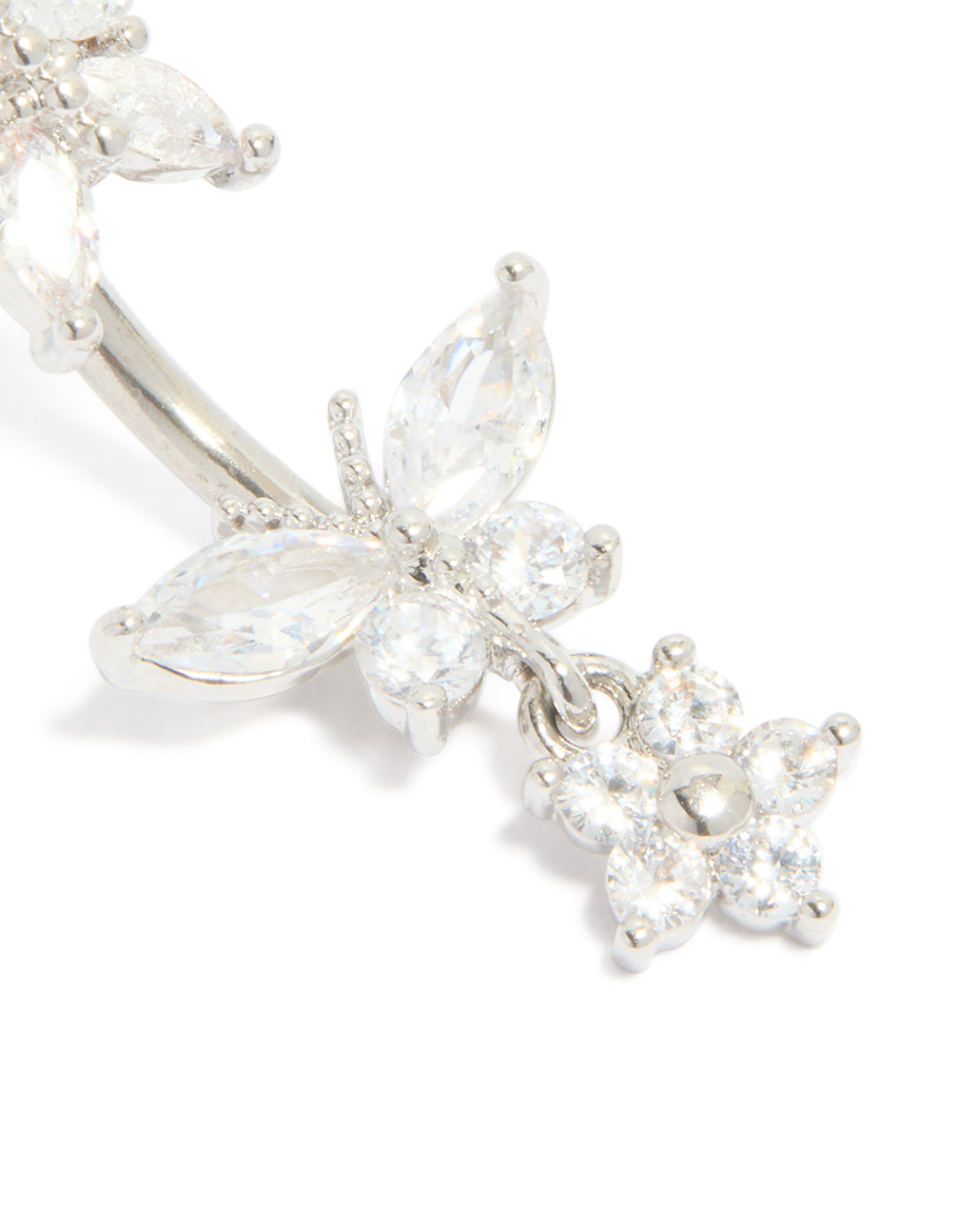 Surgical Steel Cubic Zirconia Butterflies & Flower Drop Belly Bar