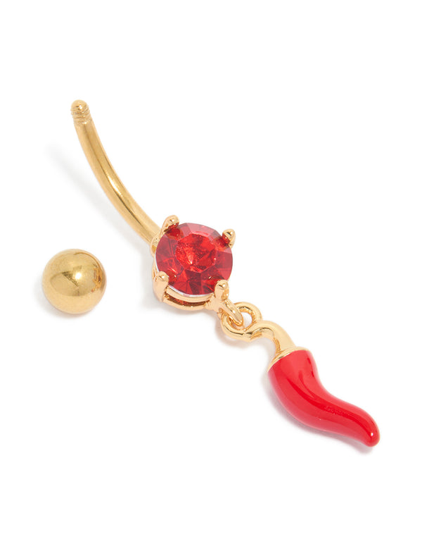 Gold Plated Surgical Steel Red Chilli Drop Belly Bar