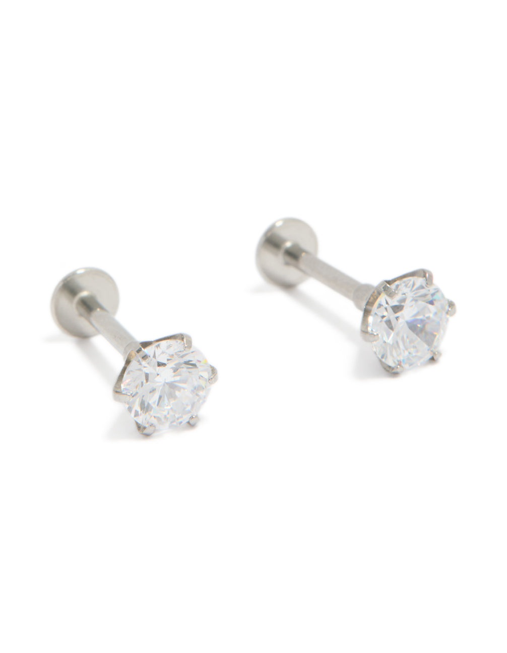 Discover round cut cubic zirconia stud earrings crafted from surgical steel with flat back closure front view