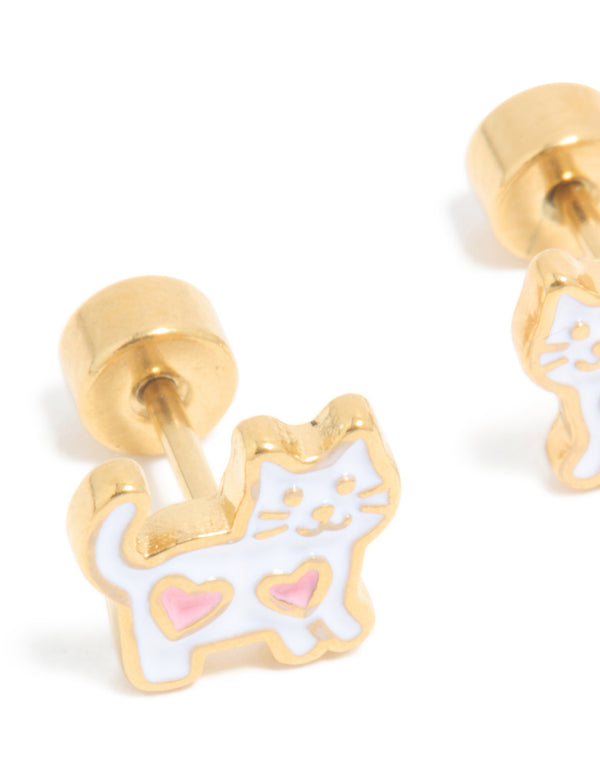Kids Gold Plated Surgical Steel Heart White Cat Flat Back Studs