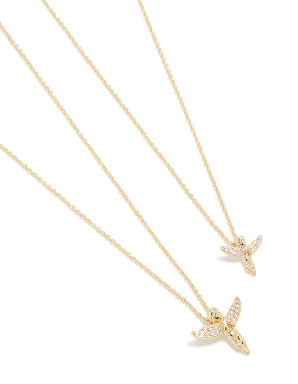 Gold Plated Cubic Zirconia Flying Angel Necklaces 2-Pack