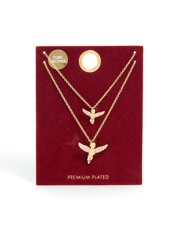 Gold Plated Cubic Zirconia Flying Angel Necklaces 2-Pack