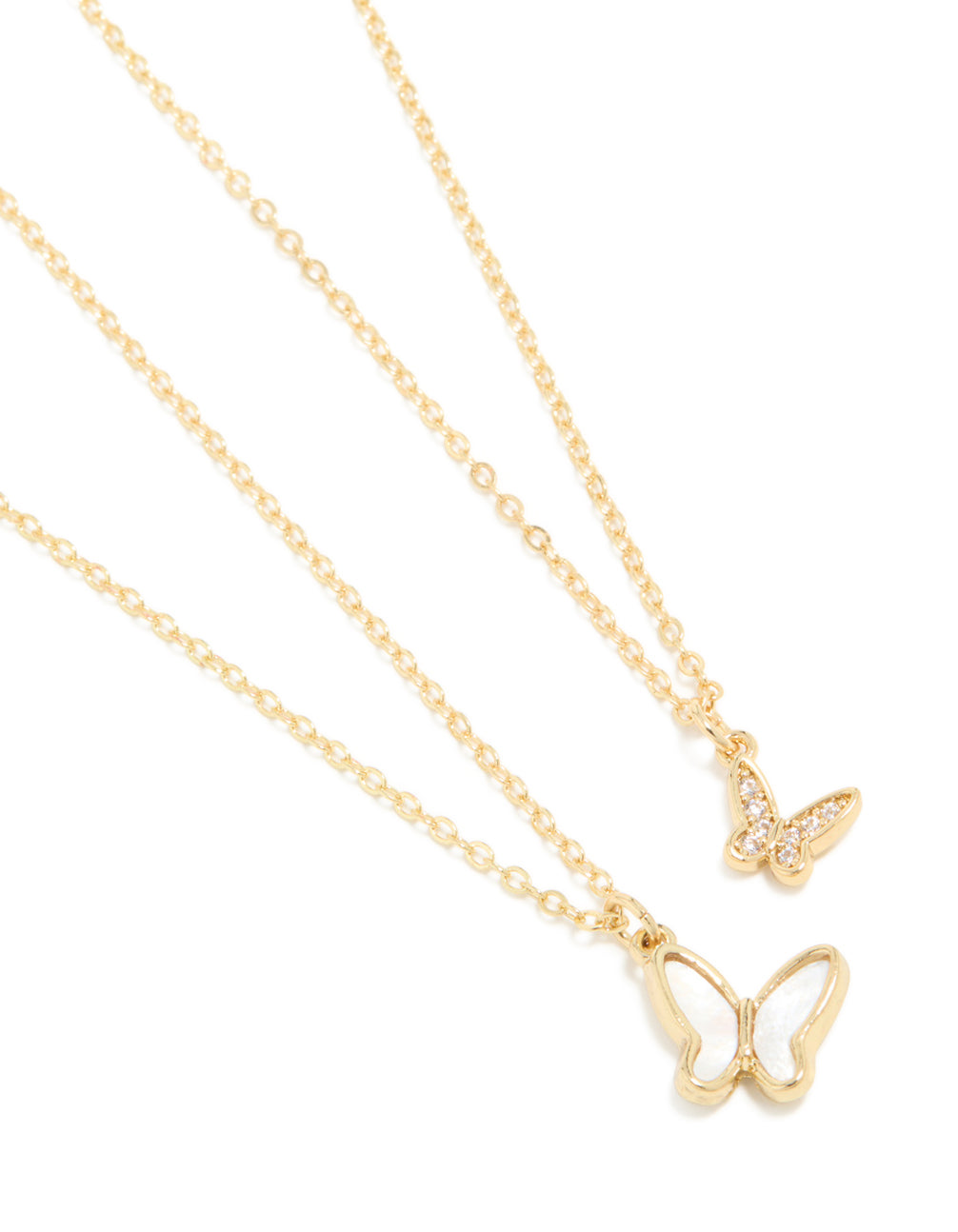 Gold Plated Cubic Zirconia Butterfly & Pearlised Butterfly Necklaces 2 Pack