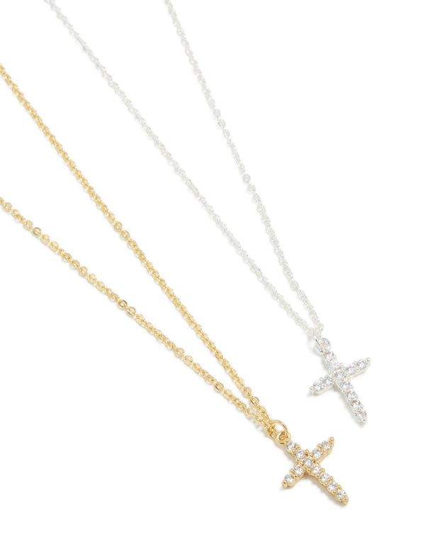 Mixed Metal Plated Cross Cubic Zirconia Pendant Necklaces 2-Pack