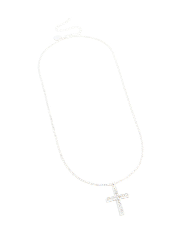 Silver Plated Diamante Box Cross Necklace