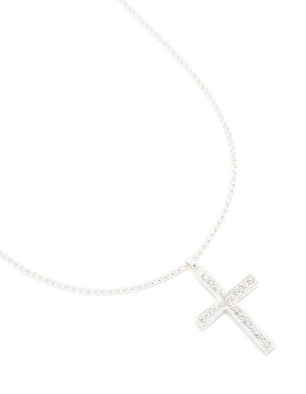 Silver Plated Diamante Box Cross Necklace