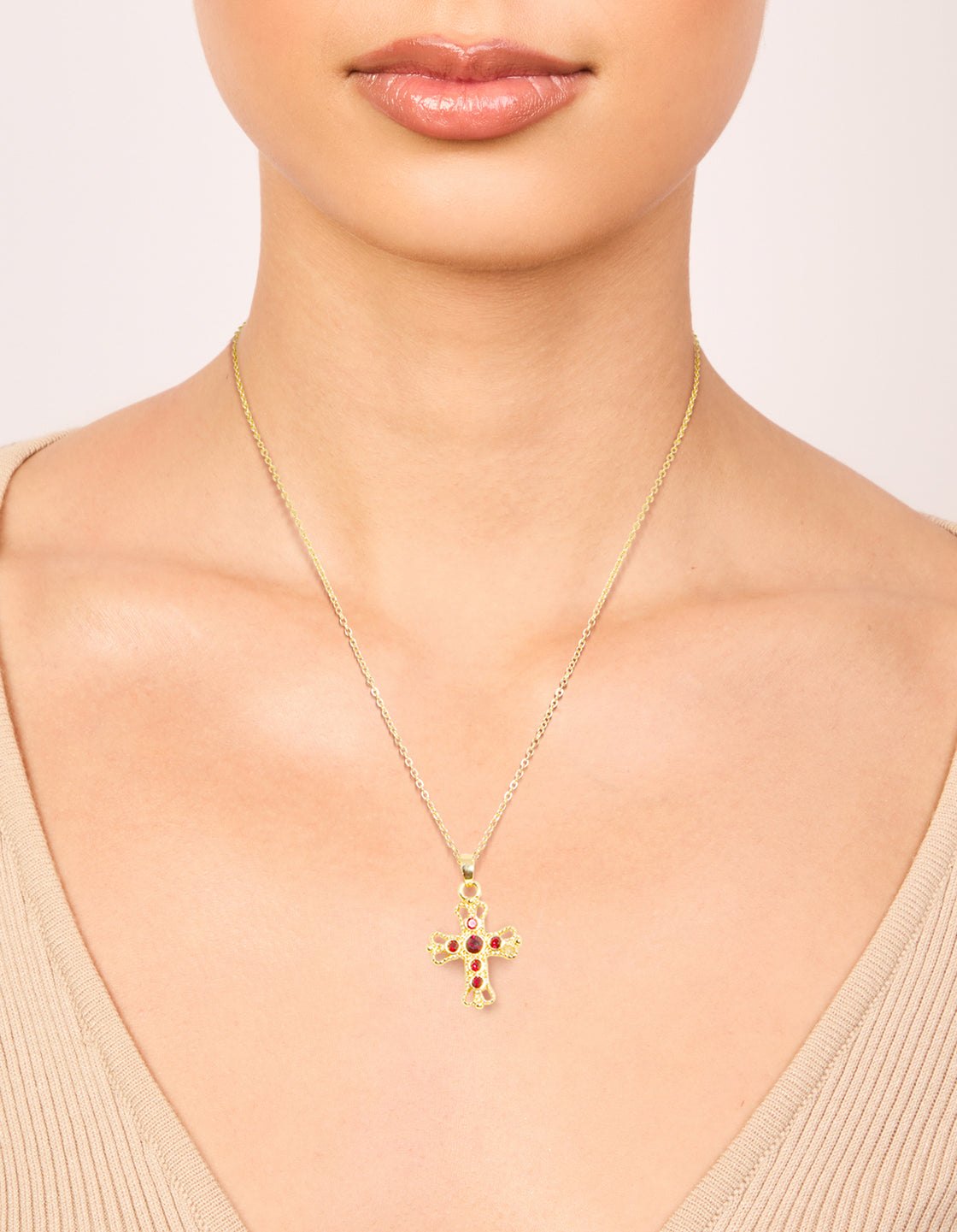 Gold Plated Vintage Red Cross Necklace