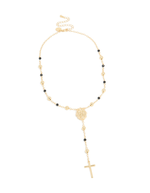 Gold Plated Black Beaded & Cross Lariat Necklace