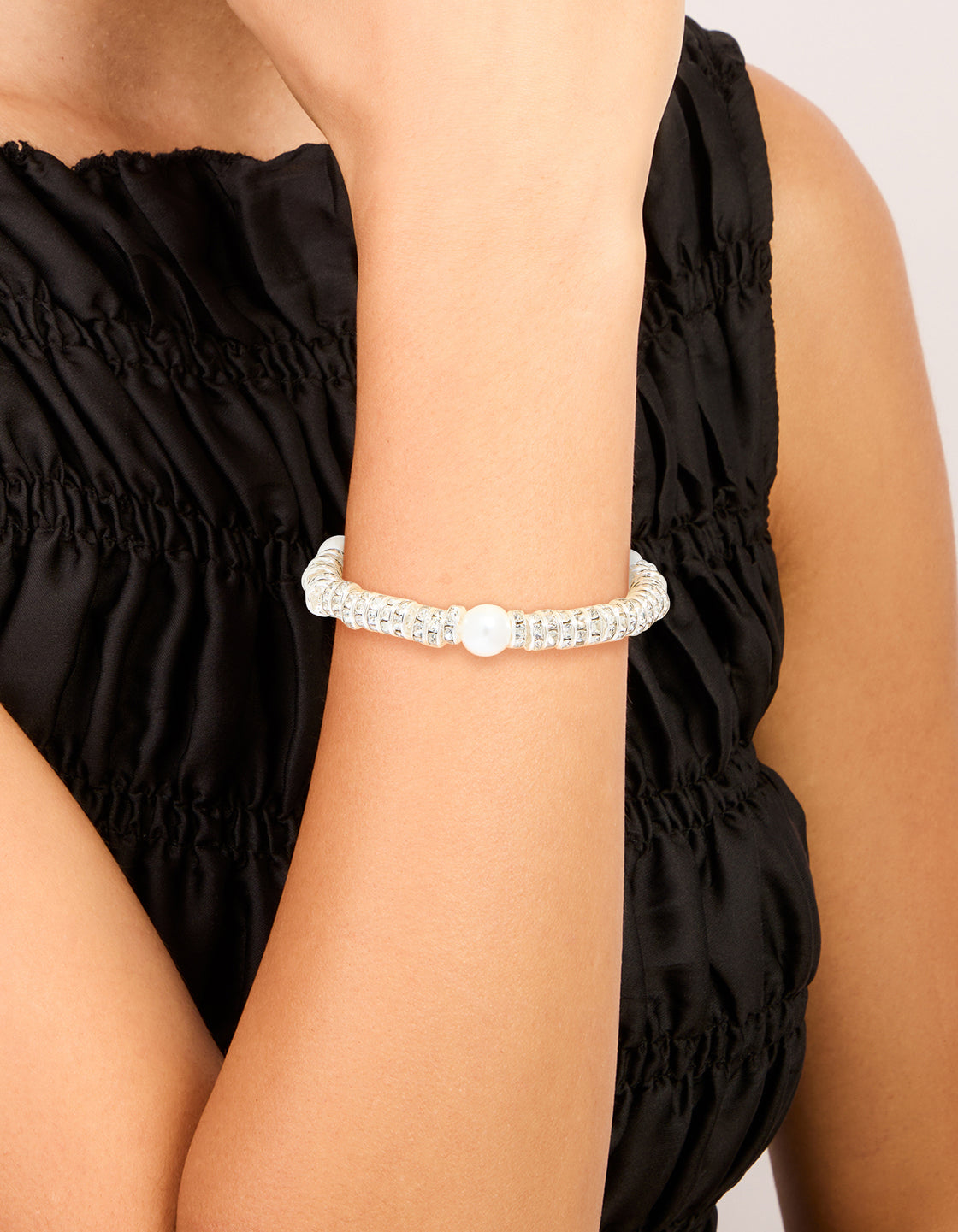 Silver Diamante Loops & Pearl Stretch Bracelet