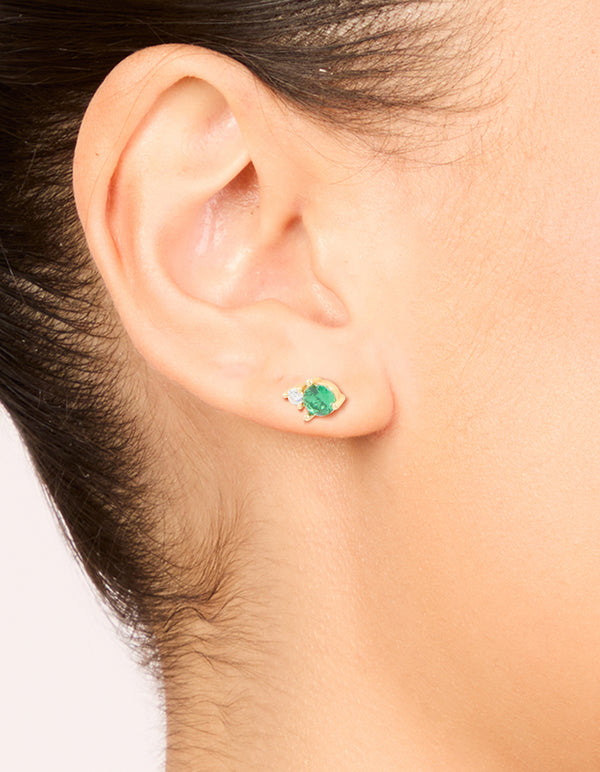 Showcasing waterproof gold plated stainless steel may cubic zirconia duo stud earrings on ear view