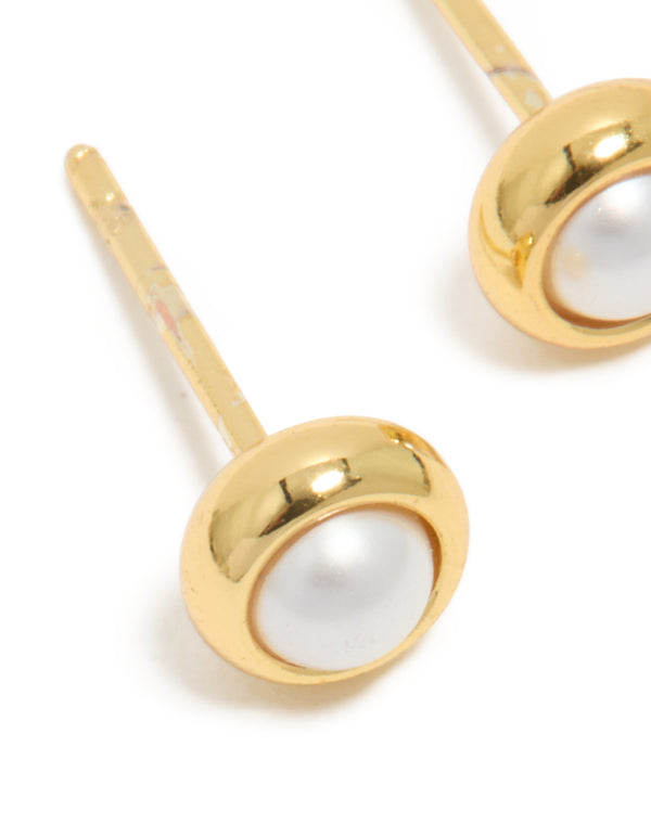 Waterproof Gold Plated Stainless Steel Pearl June Birthstone Pearl Bezel Set Stud Earrings