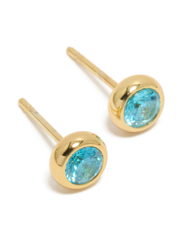 Waterproof Gold Plated Stainless Steel Aquamarine Cubic Zirconia March Birthstone Bezel Set Stud Earrings