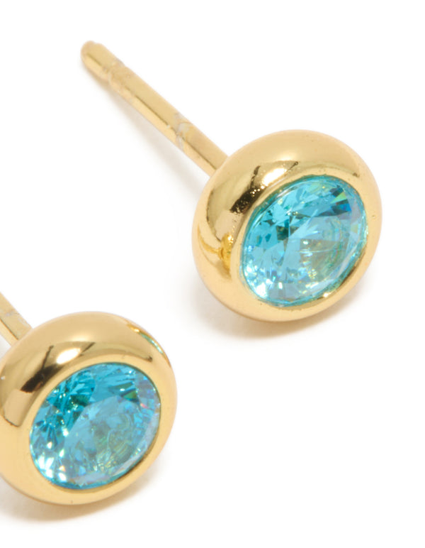 Waterproof Gold Plated Stainless Steel Aquamarine Cubic Zirconia March Birthstone Bezel Set Stud Earrings